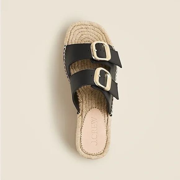 J. Crew Black Leather Double Strap Block Heel Espadrilles SZ 8 Made in Spain - Picture 2 of 15